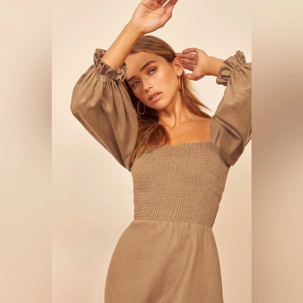 NWT Reformation Gitane Long Sleeve Smocked Linen Midi‎ Dress Khaki Large